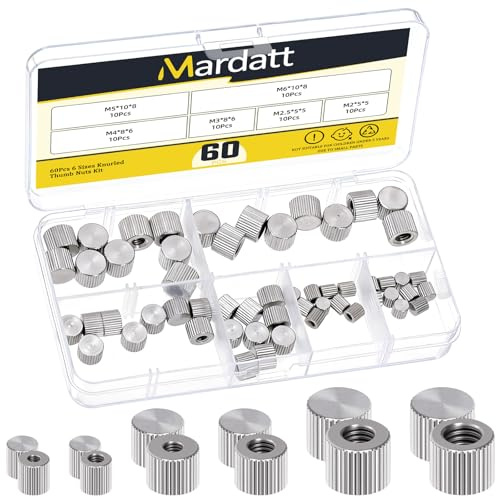 Mardatt 60 dadi zigrinati M2, M2,5, M3, M4, M5, M6, in acciaio inox, con foro cieco rotondo, filettatura femmina, testa piatta, scanalati, dadi di regolazione per il fissaggio di mobili e stampanti 3D