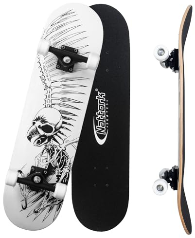 Nattork Skateboard complet de 78,7 cm avec roues en polyuréthane, bois d'érable canadien 9 couches pour garçons, filles, adolescents, cadeau pour débutants, crâne, aigle