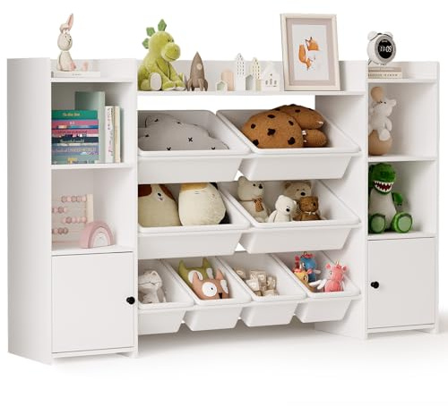 Blishom Kinderregal, Kinderschrank mit 8 Boxen, Bücherregal für Kinder, für Kinderzimmer, Wohnzimmer, Arbeitszimmer, 140 x 30 x 90 cm, Weiß