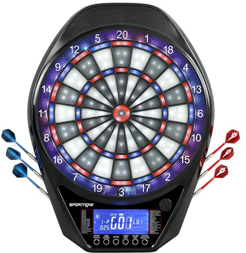 SPORTNOW Cible de Fléchettes Électronique avec Écran LED XXL pour 8 Joueurs | Lumineux Rechargeable, Jeu de Fléchettes Électronique, 6 Projectiles, 24 Pointes, 34 Jeux, 2235 Variantes
