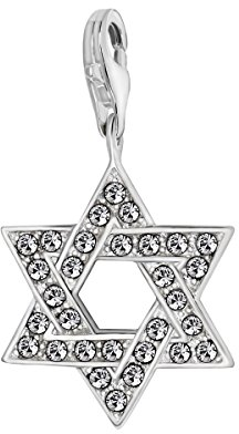 Quiges Charm Anhänger Weiß Zirkonia David Stern 925 Silber mit Karabinerverschluss für Bettelarmband