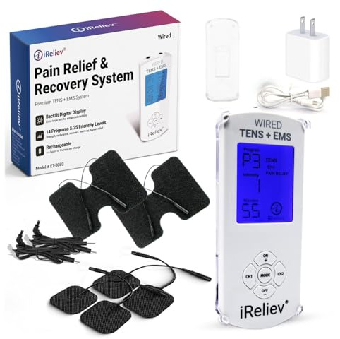 iReliev TENS Unit + EMS Muscle Stimulator with 14 Therapy Modes, Premium Pain Relief and Recovery System, Rechargeable, Large Back Lit Display, Large and Small Electrode Pads