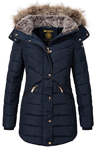 Geographical Norway Damen Winterjacke Parka Damenjacke Damenmantel Wintermantel Damen Jacken Outdoorjacke Warm Kunstfellkragen Gefüttert D-456 Navy M