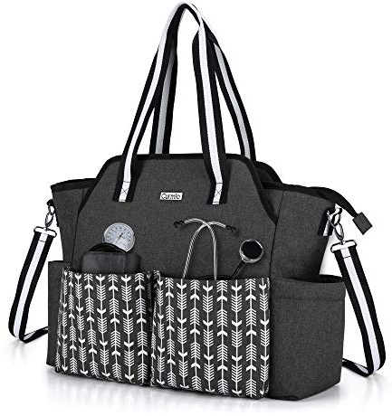 CURMIO Home Health Nurse Bag, Portable Medical Supplies Tote for Home Visits, Clinical Study, Health Care, Black with Arrow(Patented Design)