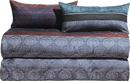 Erwin Müller Bettwäsche, Bettgarnitur 4-TLG. Sparpaket Mako-Satin Ornamente blau-braun-violett Größe 40x80 cm / 155x200 cm - feinste Baumwolle, angenehmes Schlafklima, mit Reißverschluss