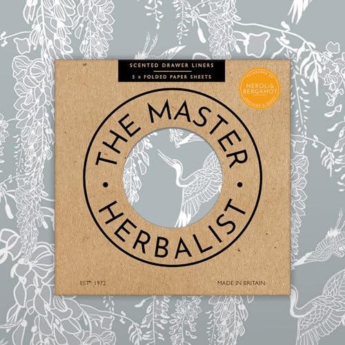 The Master Herbalist Duftende Schubladeneinlagen im klassischen Reiher-Design (gefaltet), Packung mit 5 Bögen, enthält ätherische Öle, hergestellt in Großbritannien (Lavendel- und Neemöl)