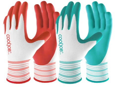 COOLJOB 2 Pairs Gardening Gloves for Women, Rubber Coated Ladies Gardening Gloves, Breathable Work Gloves Women with Grip, Medium Size, Red & Green