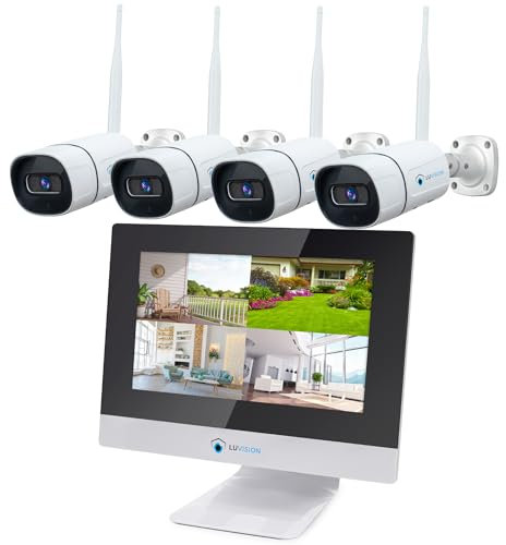LUVISION WLAN Funk Überwachungssystem Monitor NVR (4 Kameras) - Kabellos & WiFi Überwachungskamera Set Nachtsicht, Mikrofon, App, PC Software & Push Nachricht - Außen Kamera Farbe zur Überwachung