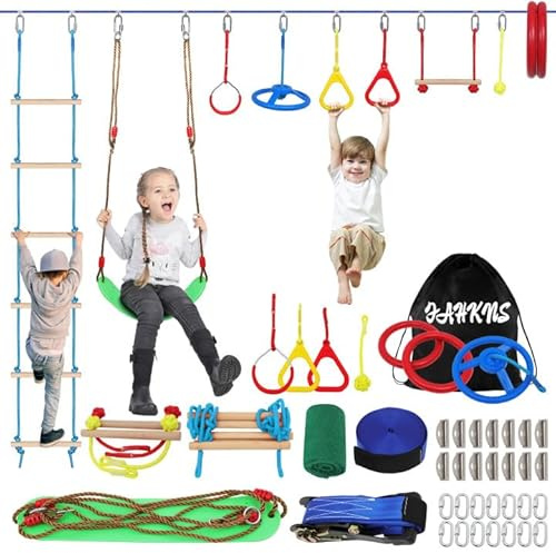 Ninja Warrior Obstacle Course for Kids, 65 FT Durable Slackline with 13 Obstacles-Swings, Monkey Bars, Arm Trainers and More, Weatherproof Outdoor Obstacle Course for Backyard, Gym, Field，3+ Years Old