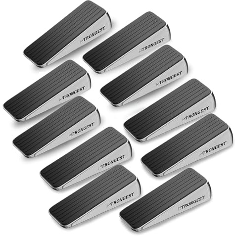 STRONGEST HOME Door Stoppers for Bottom of Door – Heavy Duty Metal Rubber Stopper, Non-Slip Door Stop for Heavy Doors, Works on Wood, Tile & Carpet, Wedge Chrome 10 PCs + 10 White Wall Protectors