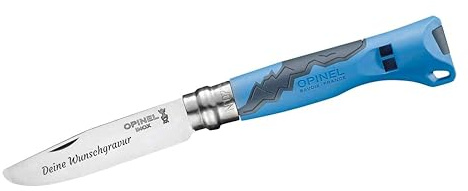 Opinel Outdoor Junior Kindermesser mit Kunststoffgriff | persönliche Gravur | vorne abgerundete Spitze | rostfrei | Signalpfeife | Virobloc | Geschenk (blau)