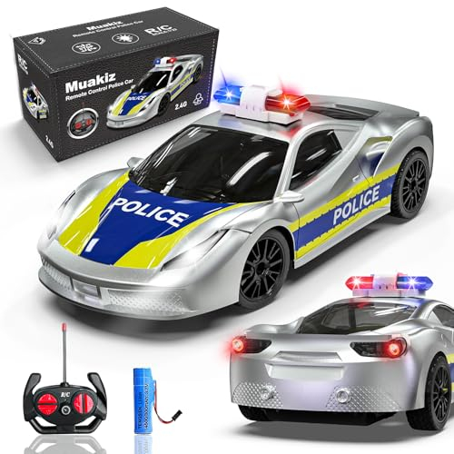 Muakiz Ferngesteuertes Auto ab 3 4 5 6+ Jahre, 2.4G RC Auto Spielzeug Polizeiauto mit Fernbedienung für Junge Mädchen Kinderspielzeug mit Aufladbarer Batterie & Polizei Licht RC Cars Spielzeug, Silber