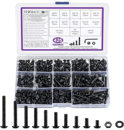 425 STK M4 Schrauben Set, Innensechskantschrauben Muttern Set, Schwarze Gewindeschrauben mit Muttern mit Unterlegscheiben Set, Linsenkopfschrauben und Muttern, Fahrrad Schrauben Set, mit Schlüssel