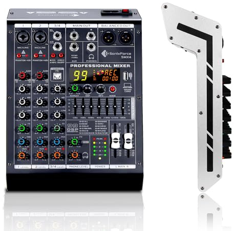 SonixForce 4 Channel Audio Mixer, 99 DSP Sound Board Console with 48V Phantom Power, Professional DJ Mixer for Podcasting, Streaming, Studio Recording (SMX4)