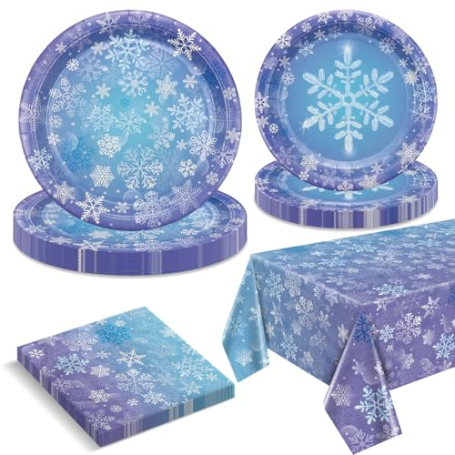 Winter Snowflake Tableware Set Includes Blue Purple Snowflake Paper Plates, Napkins, Tablecloth for Girls Princess Party Christmas Winter Holiday Party Decorations