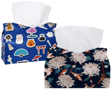 lcndlsoe Lot de 2 boîtes à mouchoirs rectangulaires en cuir avec motif floral japonais, oiseaux chrysanthèmes, organisateur décoratif pour table, salle de bain, voiture, bureau