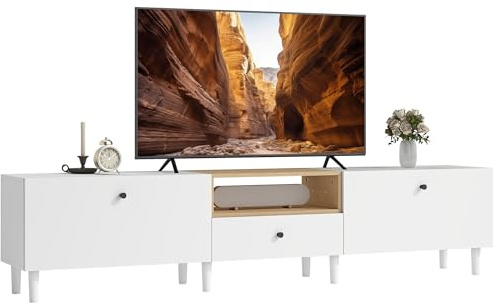 HOMCOM TV Schrank 200 cm TV Board für Fernseher bis zu 90 Zoll TV Lowboard mit 2 Klapptüren, Schublade, Soft-Close-Scharnieren Fernsehtisch für Wohnzimmer Weiß