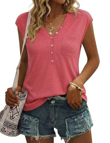 Gyabnw Womens Summer Short Sleeve Tops Basic Button-up T Shirt with Pocket Casual V Neck Blouse Casual Wear