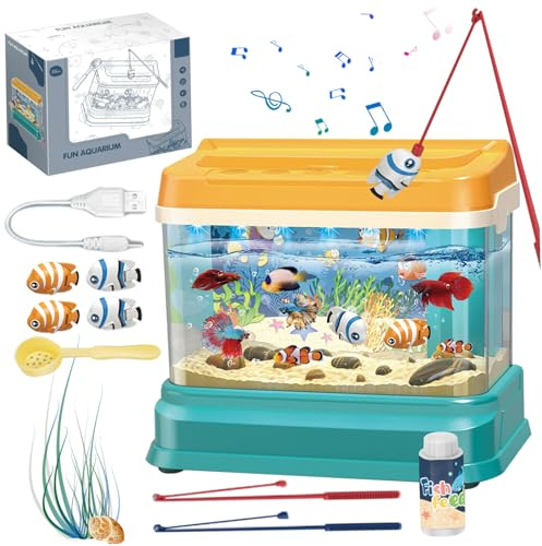 Jouet d'aquarium pour bébé, Jouet éducatif avec lumière et Musique, réservoir d'eau Artificiel avec 4 Poissons magnétiques, 2 Cannes à pêche, Filet et biberon, pour Enfants, Bol