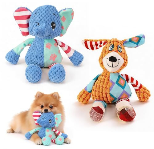 Potaroma Jouets Chien Interactif Peluche Couineur 2 Pièces, Chien & Éléphant Jouets chiot à mâcher en peluche résistante, avec papier froissé, jeu anti-ennui pour petits et grands chiens