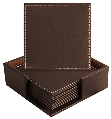 Leather Coasters for Drinks with Holder Set of 6,Coffee Mats Protect Furniture from Hot or Cold Water Marks & Damage, PU Leather Drink Coasters Suitable for Kinds of Mugs and Cups (Square Brown)