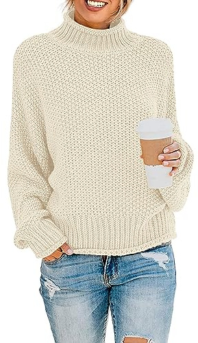 ZESICA Suéter de Punto Grueso de Gran tamaño con Cuello Alto y Manga murciélago para Mujer, Albaricoque, M