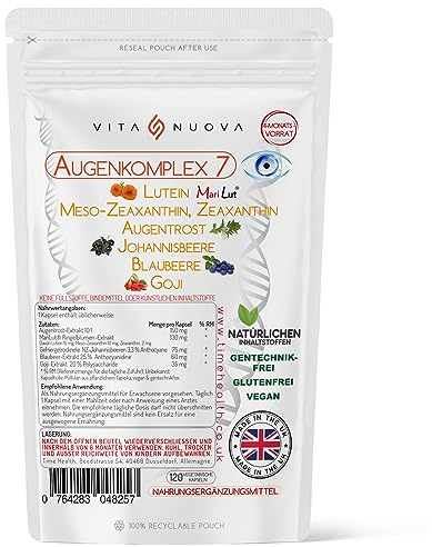 Augenkomplex 7 – Lutein/Meso-Zeaxanthin/Zeaxanthin/Neuseeländische schwarze Johannisbeere/Blaubeere/Goji-Beere/Augentrost – Ohne Zusätze – Natürlich – Im UK hergestellt (120 Kapseln)