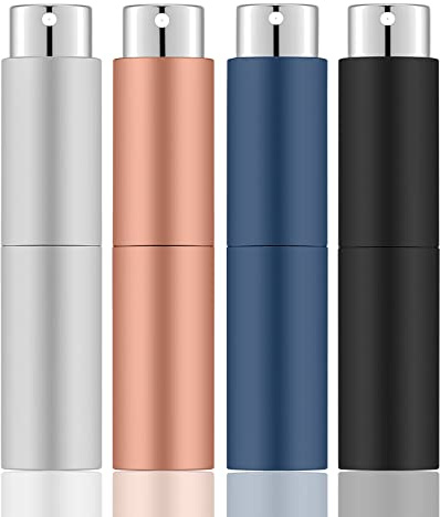 Lil Ray 8ML Portable Mini Perfume Atomizer Spray Bottle(4 PCS), Travel Refillable Atomizer Sprayer for Perfume,Cologn, Fragrance with Twist Design (Matte Black&Rose Gold&Blue&Silver)