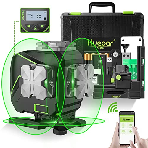 Nivel Láser 3x360 ° Huepar, Autonivelante con Pantalla LCD, 3D Conectado por Bluetooth, Herramienta Láser Línea cruzada de haz Verde, Línea láser Horizontal/Vertical-Control Remoto Incluye S03DG