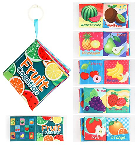 URFEDA Baby Stoffbuch Fühlbuch ab 0 Monate Farbe Babybücher Kleinkindspielzeug Baby Stoffbücher mit Dreidimensionaler Tierschwanz Fühlbuch Knisterbuch Interaktives Babyspielzeug Buch, Obst