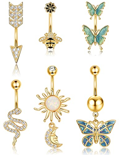 Dochais 6 Stück Piercing Bauchnabel Edelstahl, Gold, Bauchnabelpiercing CZ, Schmetterling Schlange Biene für Damen Männer 14G 10mm