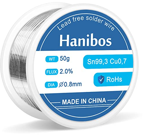 Hanibos - Alambre de soldadura de 50 g, 0,8 mm, Sn99.3 Cu0.7 con núcleo de colofonia para hacer componentes electrónicos
