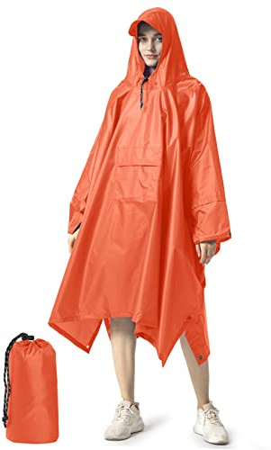 NUUR - Poncho antipioggia da donna, unisex, impermeabile, per festival, riutilizzabile, con cappuccio, per trekking, ciclismo, attività all’aria aperta, multiuso, Colore: arancione., Taglia unica