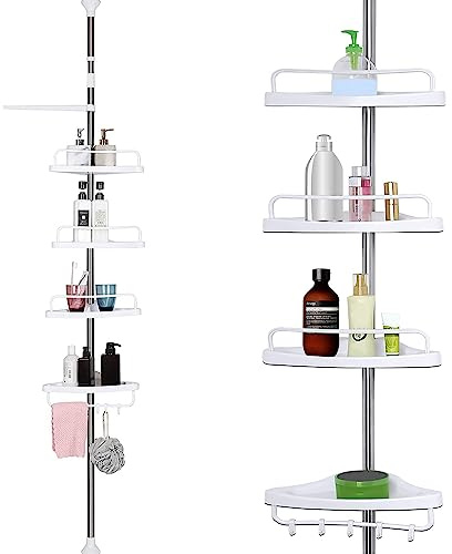Crystals Telescopic 4-Tier Shower Caddy Corner Shelves, Bathroom Shower Storage Shelves, Caddy Organizer with 4 Trays, 4 Hooks, 1 Towel Bar – Adjustable Floor to Ceiling 95 to 300 cm
