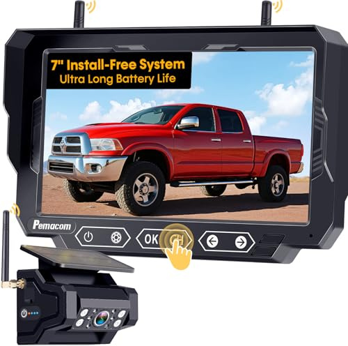 Magnetic Solar Wireless Backup Camera: 7 Portable 1 Min Easy Install Scratch-Proof No Delay Backup Camera for Truck Rechargeable HD 1080P for Pickup Trailer Small RV Camper Pemacom P15