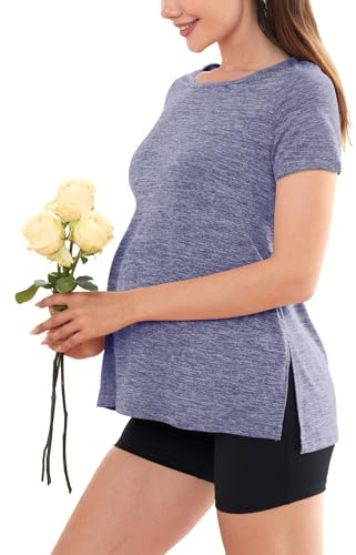 Women's Maternity T-Shirt Short Sleeve Split Side Pregnancy Tops Maternity Clothes, Large Light Blue