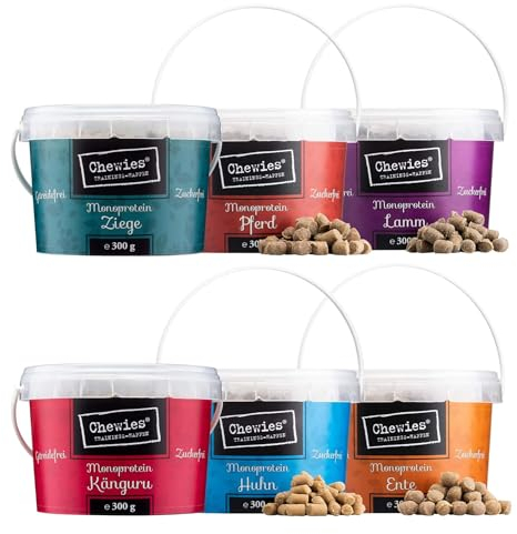 Chewies Trainings-Happen Hundeleckerli Mix Probier-Paket getreidefrei, Soft und ohne Zucker - Monoprotein Hunde-Leckerlis im wiederverschließbaren Eimer - Made in Germany (6 x 300 g)
