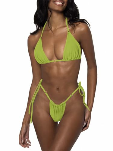 LUNNTE Bikini för kvinnor, sexig tanga, stringtrosa, bikini, baddräkt, tvådelad triangel med ring, badkläder, justerbara badkläder, underdel, snörning på sidan, Gräsgrön, S