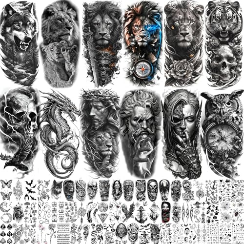 73 Sheets Black Lion Temporary Tattoos For Men Women, Halloween Half Arm Sleeve Tattoo Stickers Tiger Zeus Jesus Christ Dragon Wolf, Temp Gothic Waterproof Fake Tattoos For Adults Owl Skull Skeleton