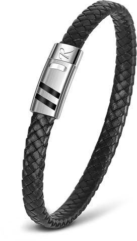 Casisto.J Läderarmband för män med A-Z-initialer, handvävt svart äkta läderarmband med magnetiskt spänne i rostfritt stål, herrsmycken ingår smyckeskrin