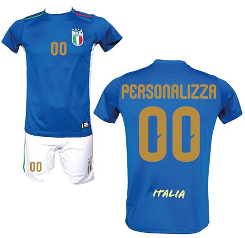 Generico Kit Maglia Italia Calcio da Personalizzare e Pantaloncino, Blu con Stampe in Oro, Replica Maglietta Nazionale Italiana, Taglie da Bambino (IT, età, 8 Anni, Regular)