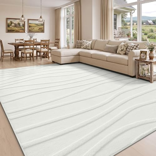 Homaxy Rugs Living Room 120x160cm, Soft Plush Wave Pattern Area Rug, Non-Slip Washable Bedroom Carpet for Kids & Pets, Modern Short Pile Rug for Home Decor, Creme