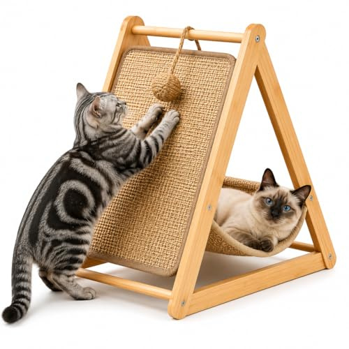 Solid Wood Cat Scratcher with Sisal Pad, 2-in-1 Cat Bed and Scratching Post for scratching pad, Sturdy Triangle Cat Furniture with Play Ball and Triangular Hammock, Incline for easy to Grinding Claws