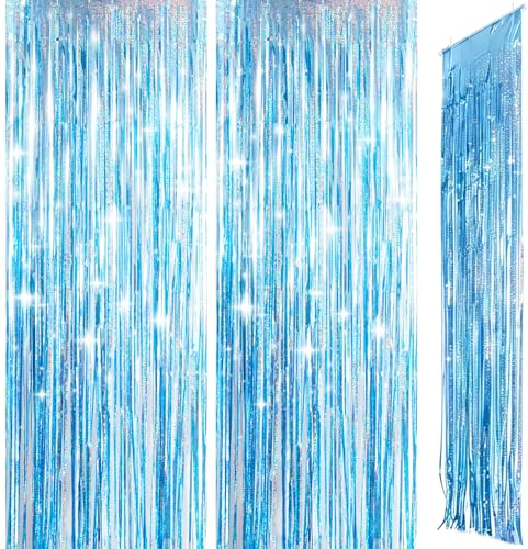 2pcs 3.2ft x 8.3ft Glitter Baby Blue Foil Door Curtain Decorations, Tinsel Curtains Fringe Backdrop, Light Blue Streamers Door Hanging Decoration for Birthday Wedding Bridal Shower Bachelorette.