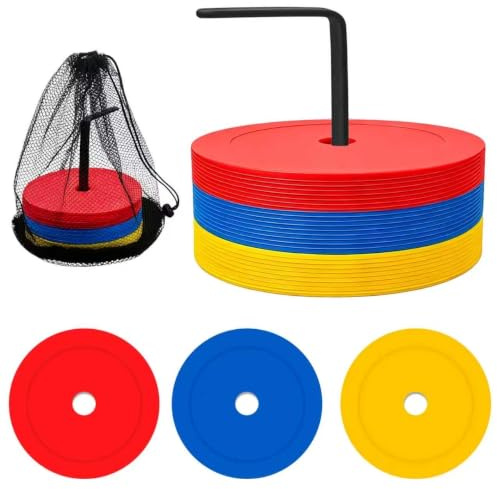 Chuanhylis 27 Pièces Disques de Marquage, Plots Sport, Coupelle Football Entraînement avec Support et Sac en Filet pour Hockey, Patinage, Football, Handball, Clubs et Entraîneurs (Rouge Jaune Bleu)