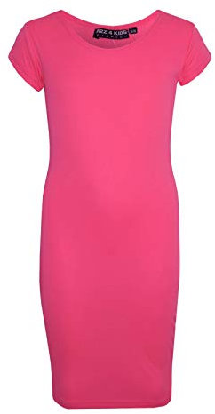 A2Z 4 Kids Bodycon Midi Dress Short Sleeve Long Length Plain Dresses - New Midi Dress Neon Pink 9-10