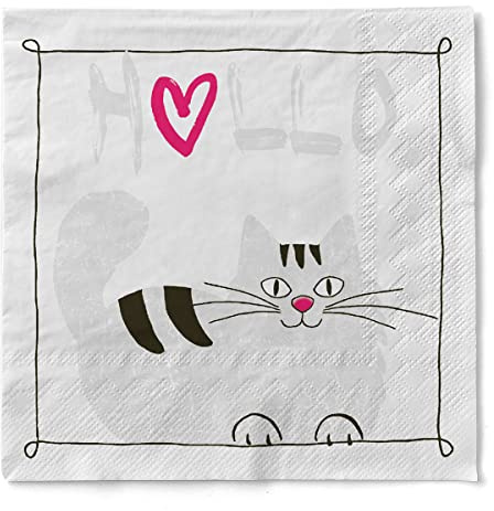 Sovie HOME Serviette MORITZ in PINK aus 3-lagigem Tissue, 33 x 33cm, 1/4 Falz, 20 Stück, Design mit weißer Katze und schwarzen Streifen sowie pinkem Herz - Ideal für Geburtstagsfeiern, Café, Brunch