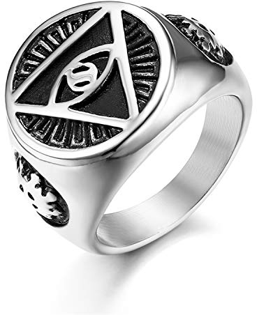 JewelryWe Schmuck Retro Herren-Ring Edelstahl Illuminati Auge der Vorsehung All-Seeing Eye The Eye of Providence Pyramide Ring Siegelring Band Bandring mit Gravur Silber Größe 59
