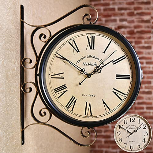 Orologio da Parete Stile retrò Vintage Orologi Stazione Ferroviaria Bifacciale Orologio da Parete in Ferro, Orologio Su Due Lati Da Esterno Orologio Con Rotazione Di 360 Gradi Orologio Da Giardino