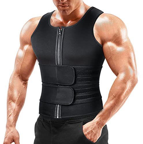 Sauna Weste Taillentrainer für Männer - Herren Saunaanzug Schwitzanzug mit Doppelt Bauchweggürtel, Neopren Shirt Fitness Body Shaper, Größe 4XL